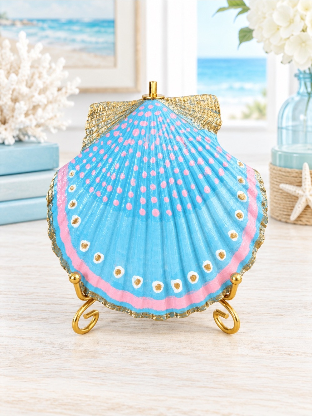 Decorative Blue & Pink Hand-Painted Seashell